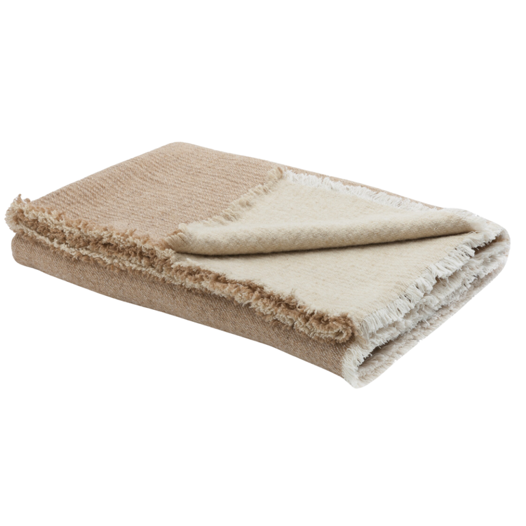 Maison de Vacances Throw vice versa fringed, double sided washed virgin wool & cotton - orgeat/fior di latte