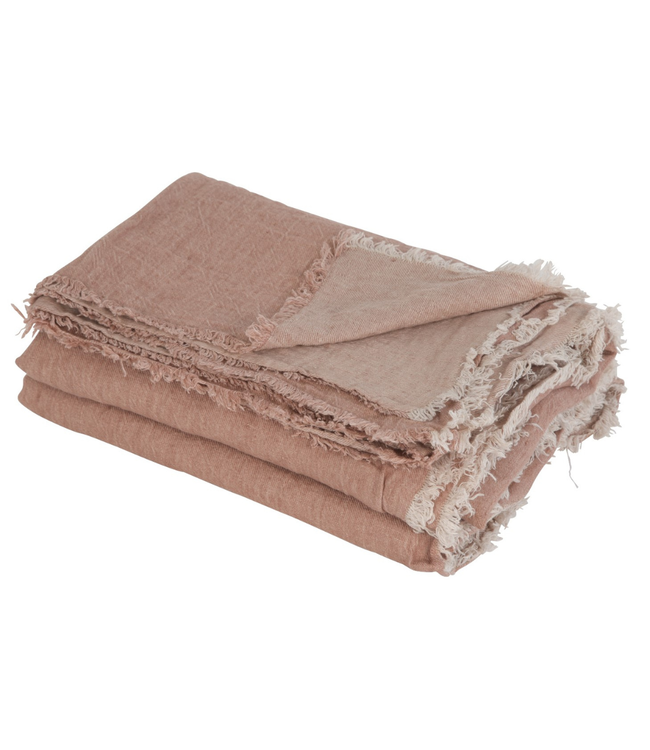 Throw vice versa fringed, crumpled washed linen - bois de rose/givré