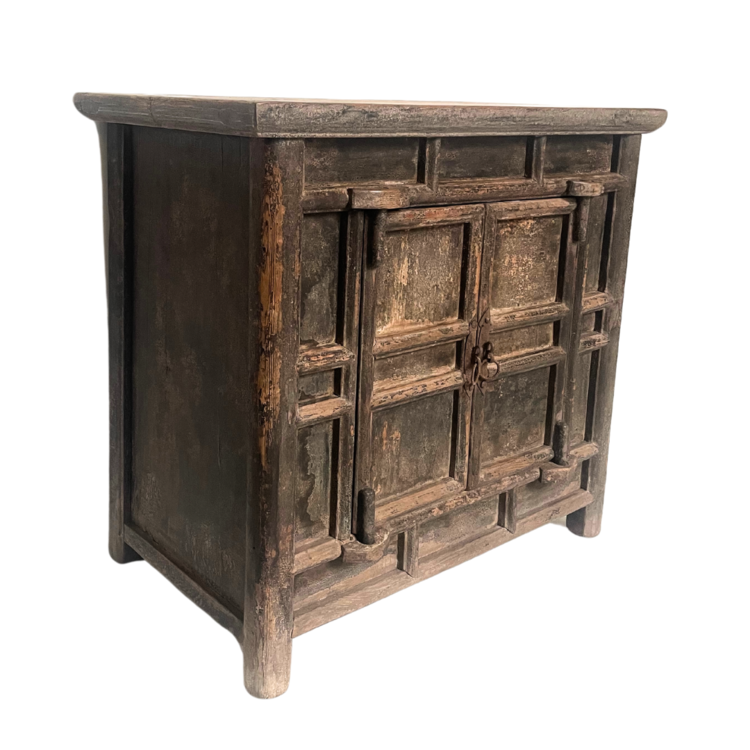 Black patinated console with 2 doors