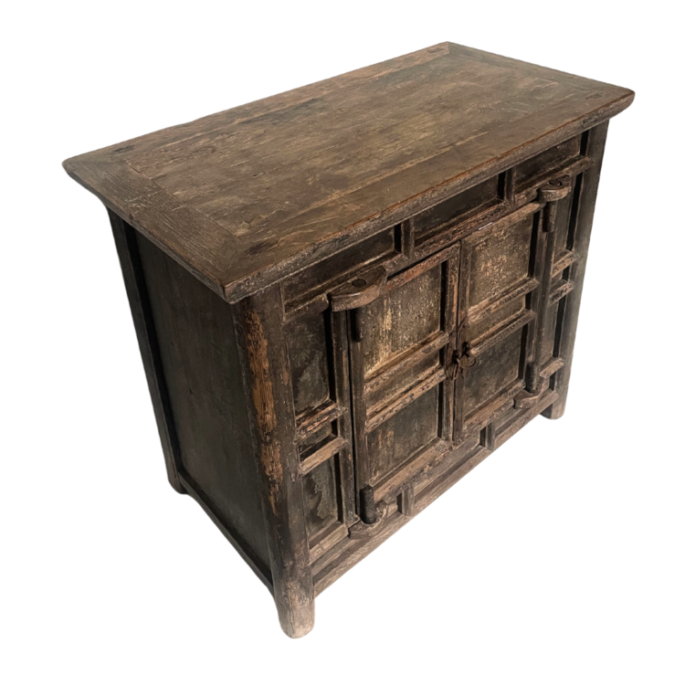 Black patinated console with 2 doors