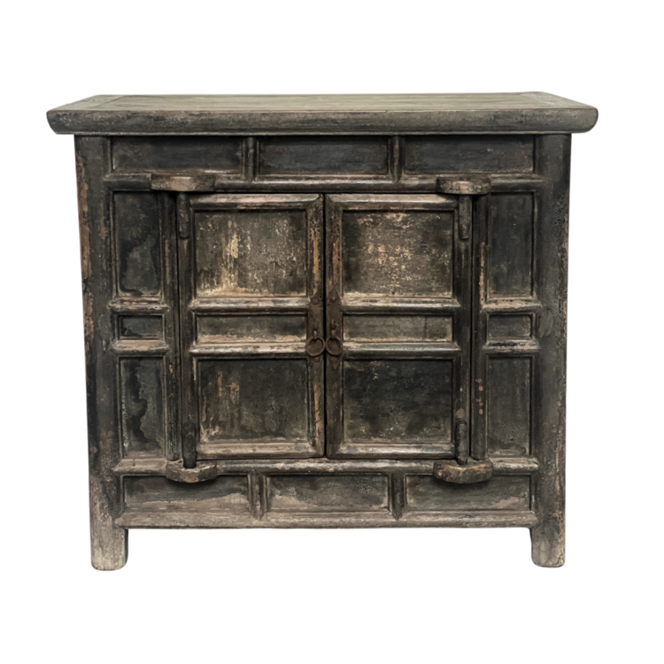 Black patinated console with 2 doors