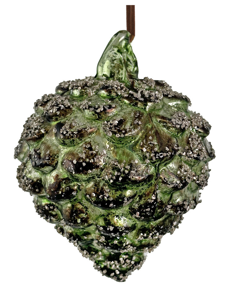 Glazen dennenappel - groen/zilver