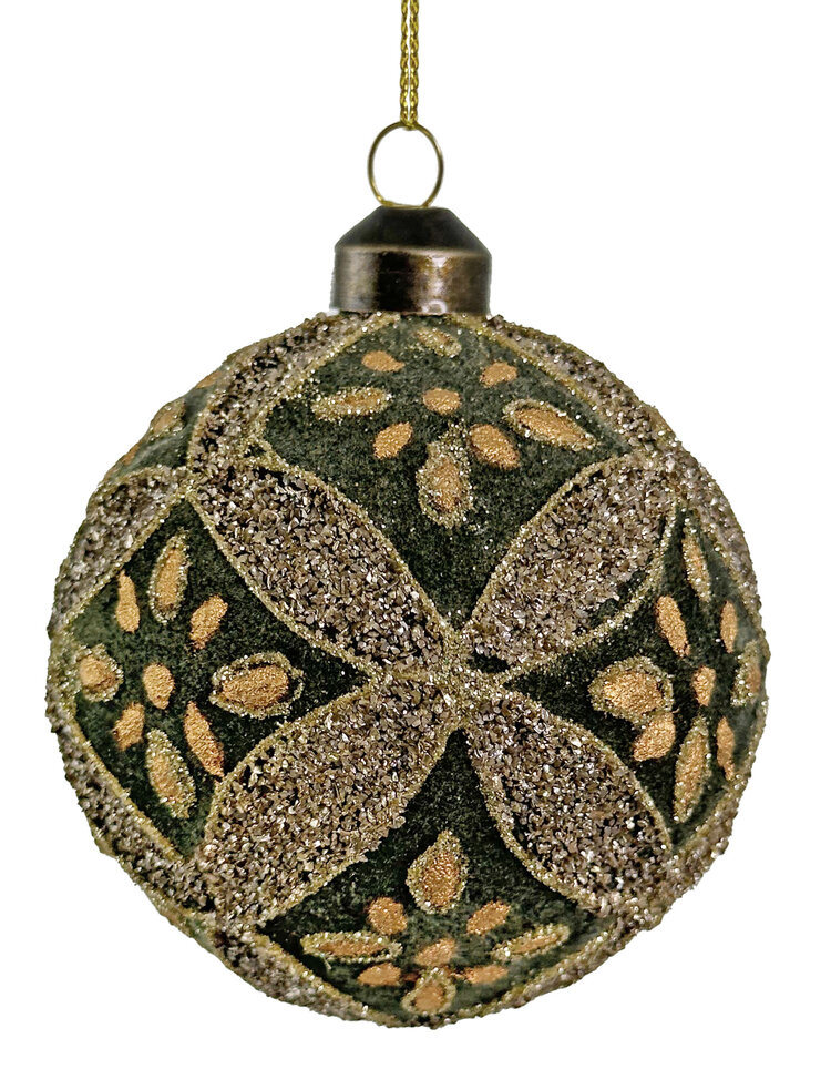 Glazen velvet kerstbal met bloemenmotief - groen/goud
