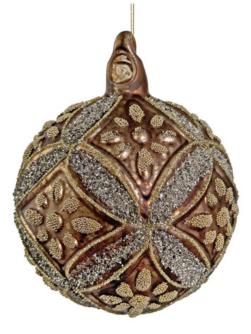 Glass floral ball antique brown mat with gold beads & silver glass glitter