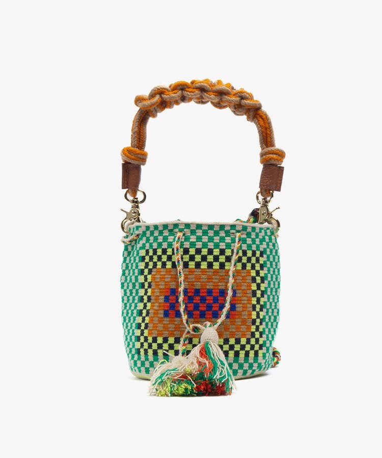 Guanabana handmade Crossbody Bag M with short macrame handle - Pelican green & yellow