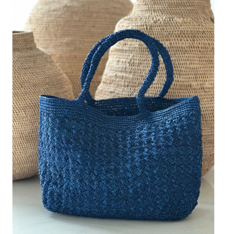 Lolo Deco Raffia Shopper Madagascar - Pepita blue