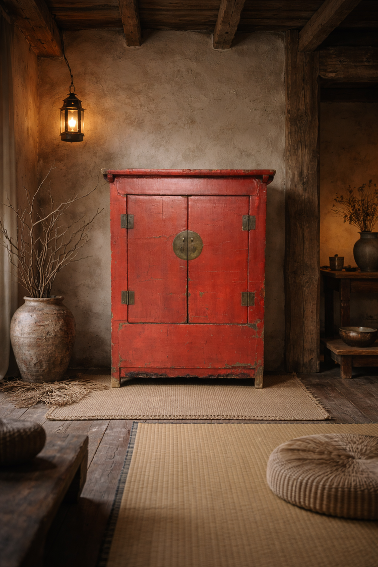 Antique Chinese bridal cabinet in red lacquered wood