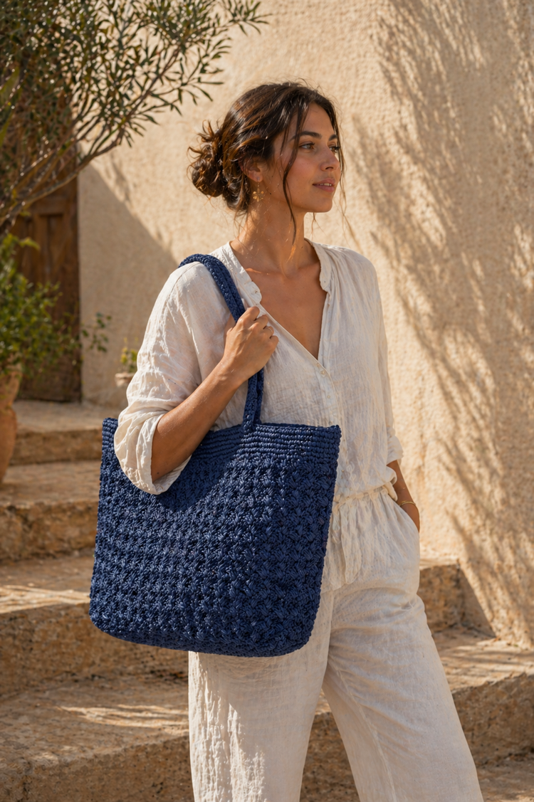 Lolo Deco Raffia Shopper Madagascar - Pepita blue