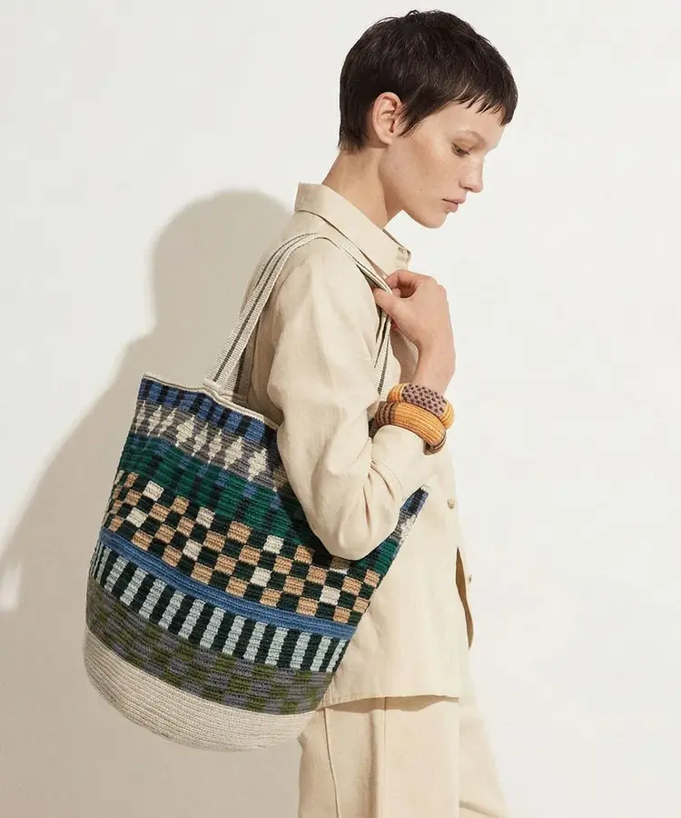 Guanabana handmade Tote Bag Poseidon - Toastkleur & Blauw Met Riem