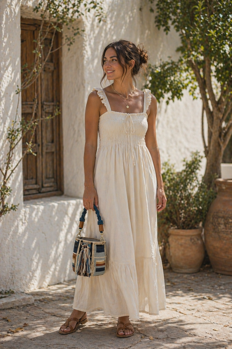 Guanabana handmade Crossbody Bag M - Macrame Handle - Orion Beige & Blue