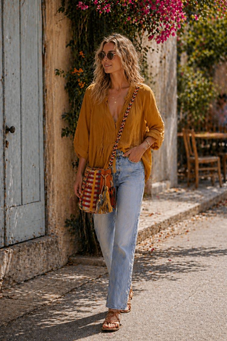 Guanabana handmade Crossbody Bag M  - Cockatoo Mustard & Beige