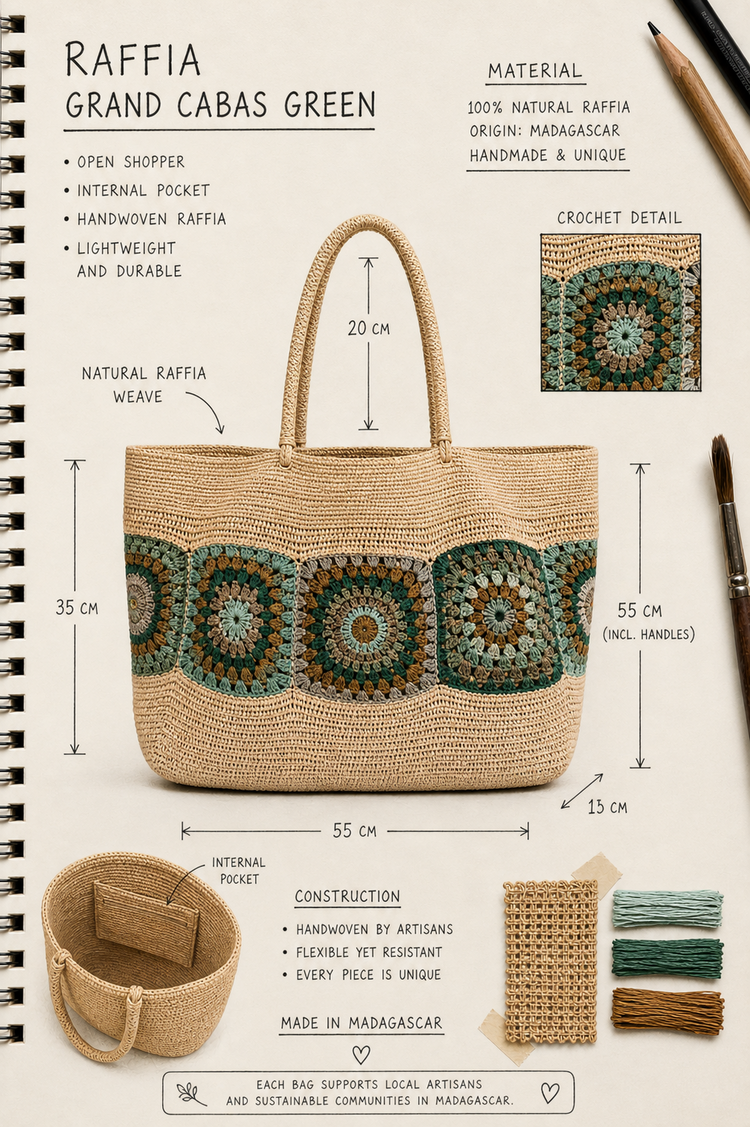 Lolo Deco Raffia Shopper Madagascar - Grand Cabas, Green