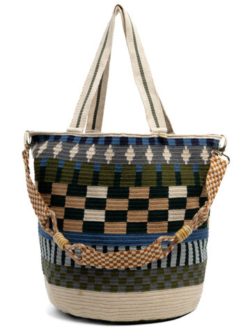Guanabana handmade Tote Bag Poseidon - Toastkleur & Blauw Met Riem