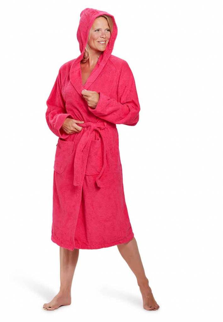 Dames Badrock badjas fuchsia met capuchon – badstof sauna badjas