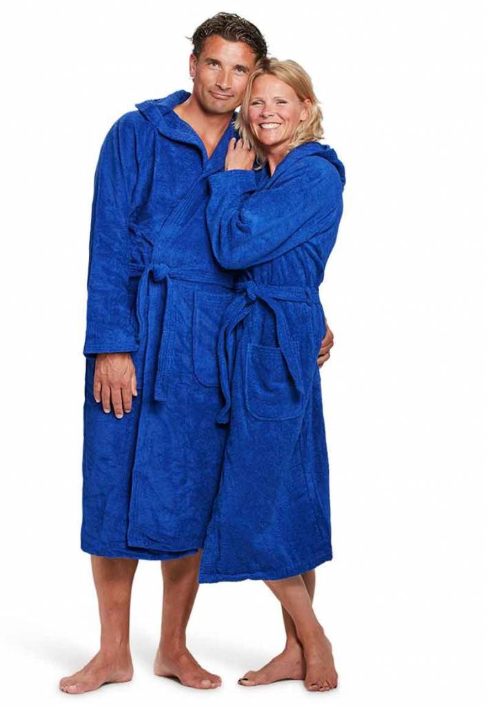 Unisex Badrock badjas kobaltblauw met capuchon – badstof sauna badjas