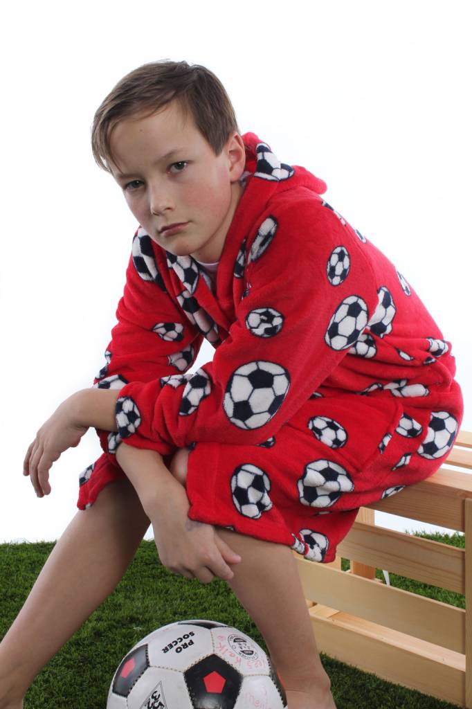 Badjas kind Voetbal rood + capuchon | 100% fleece | jongens en - Badjas.com
