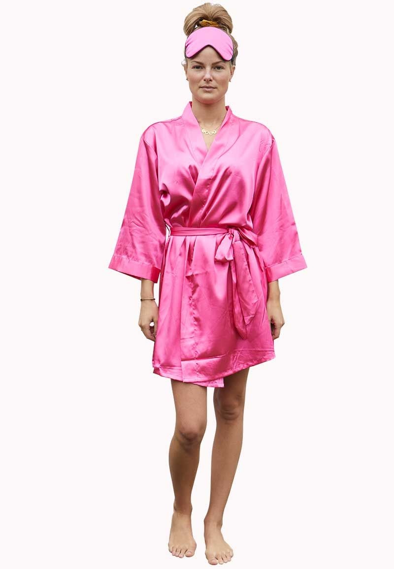 Satin-Luxury korte kimonobadjas satijn donkerroze afbeelding