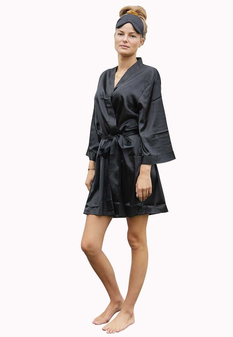 Satin-Luxury korte kimonobadjas satijn - zwart