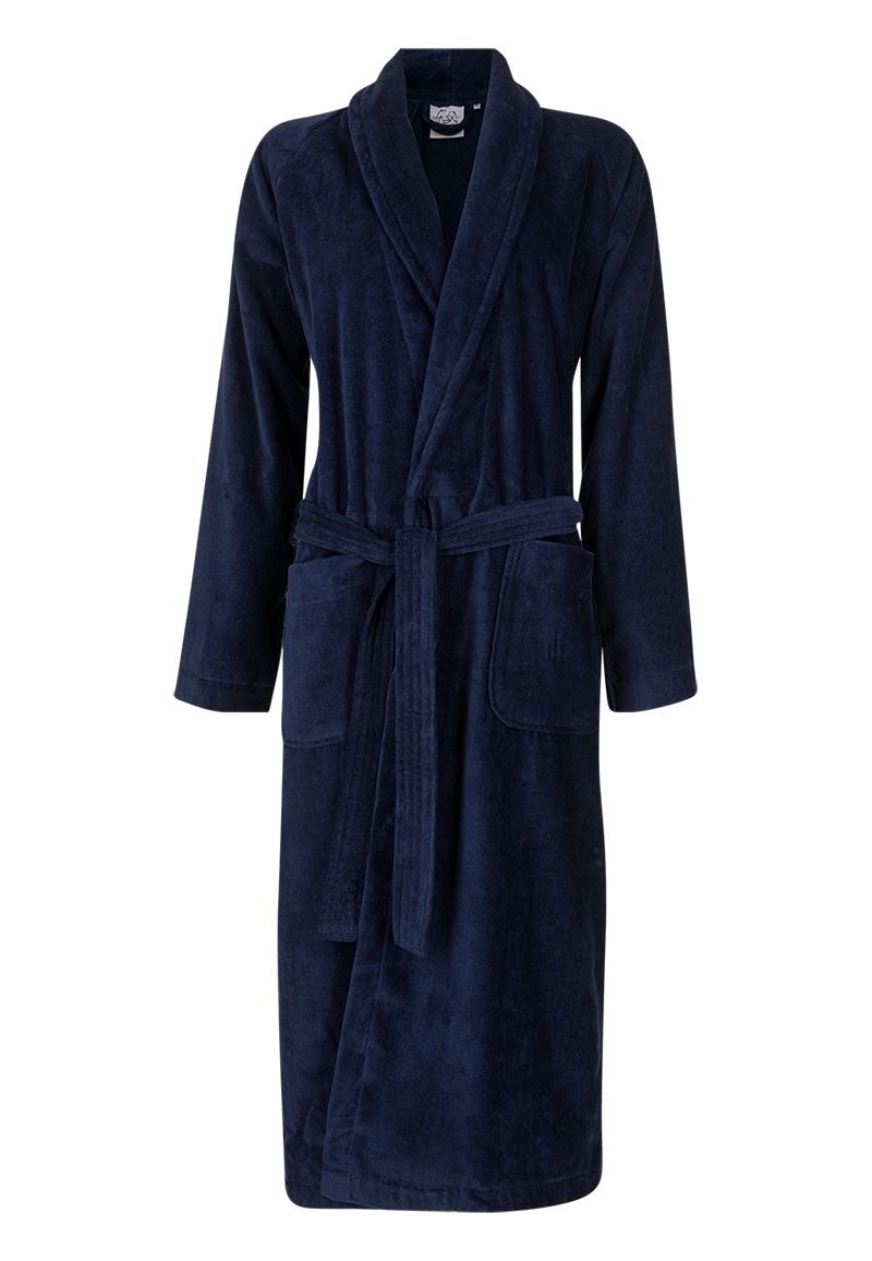 Badrock Donkerblauwe velours badjas unisex met naam borduren afbeelding