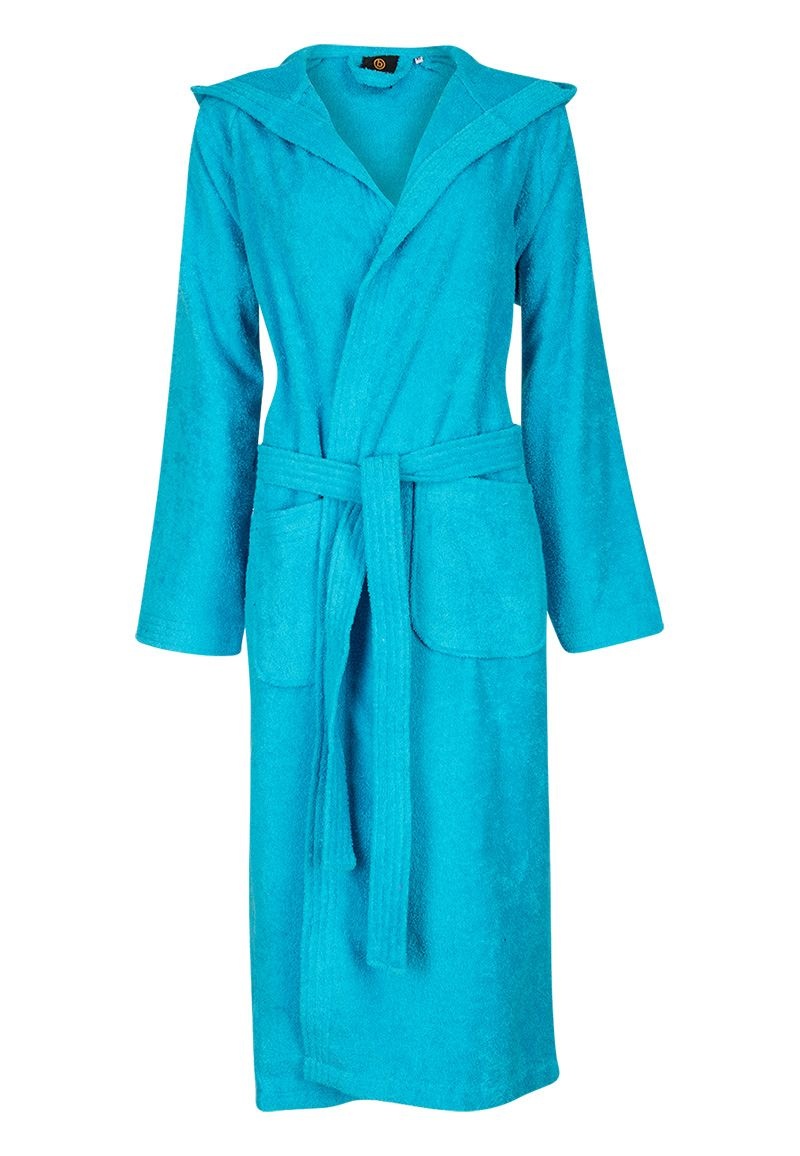 Badrock Aqua blauwe capuchon badjas met naam borduren - badstof katoen afbeelding