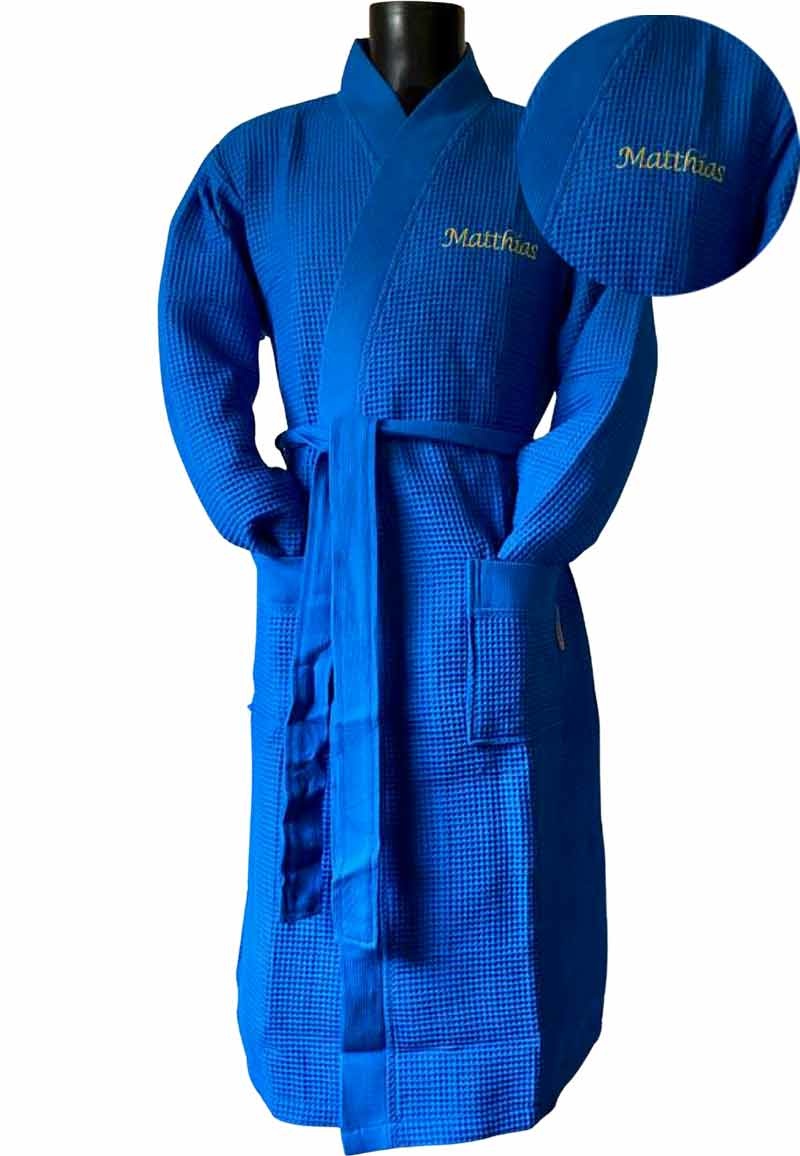 Kobalt lichtgewicht saunabadjas met naam borduren - wafel katoen