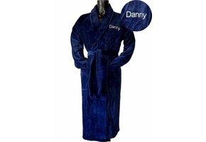 Donkerblauwe velours badjas unisex met naam borduren