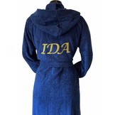 Donkerblauwe capuchon badjas met naam borduren - badstof katoen