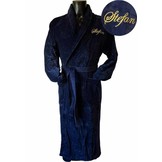 Donkerblauwe velours badjas unisex met naam borduren