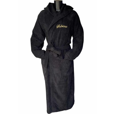 Badrock Zwarte capuchon badjas met naam borduren - badstof katoen