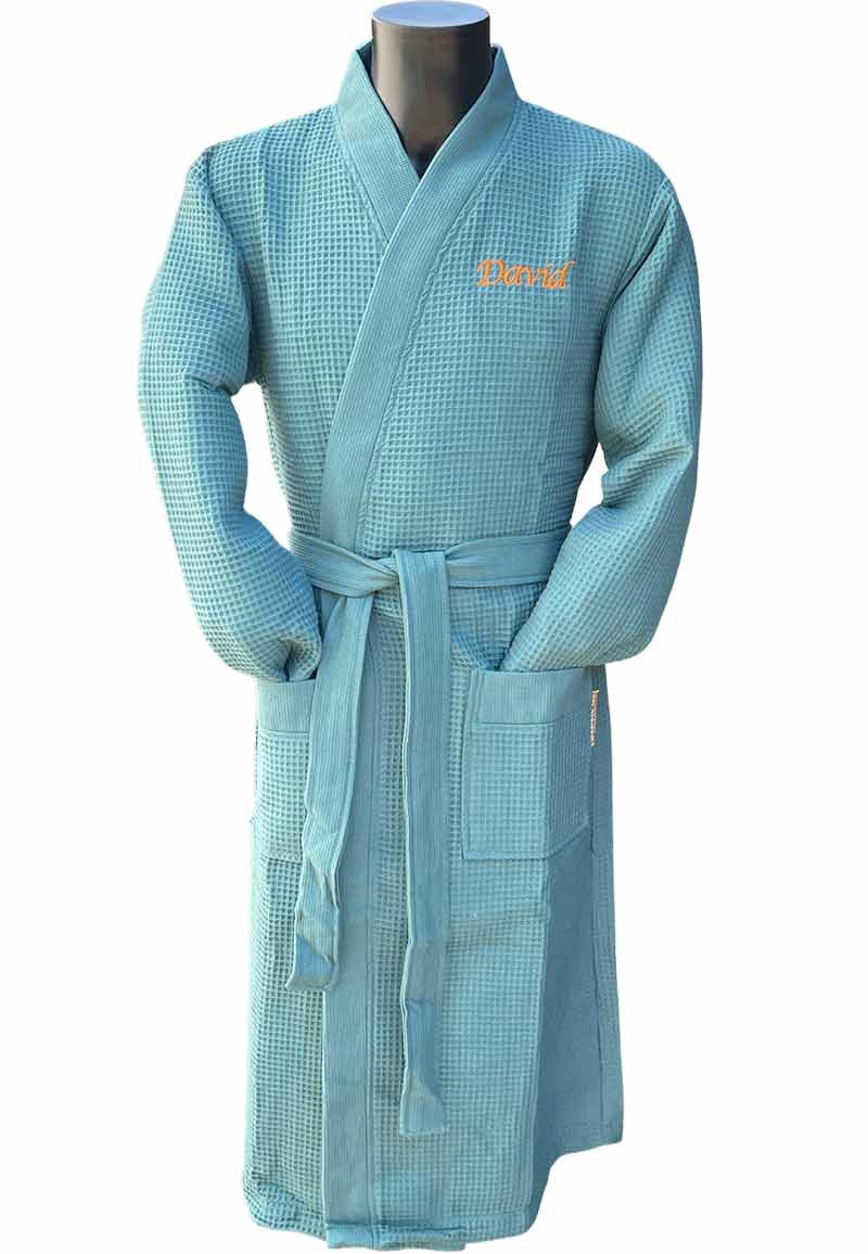 Petrol lichtgewicht saunabadjas met naam borduren - wafel katoen