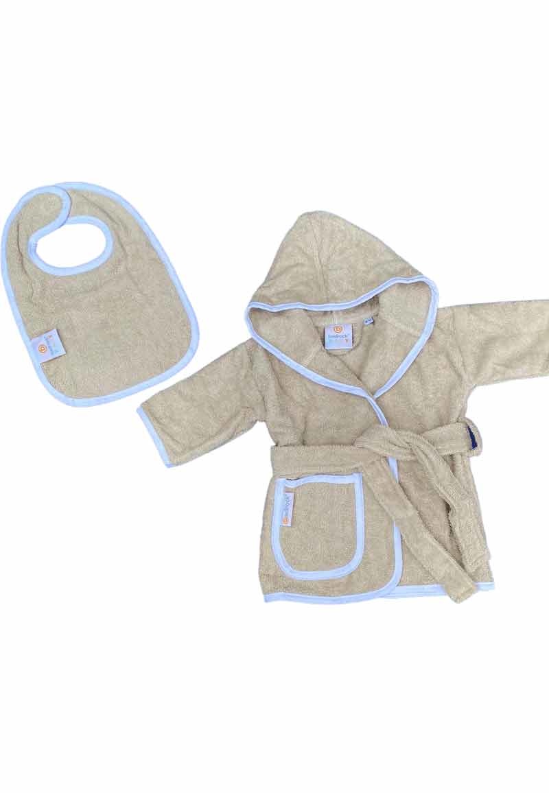 Zandkleurige babybadjas badstof katoen met capuchon - GRATIS slabbetje
