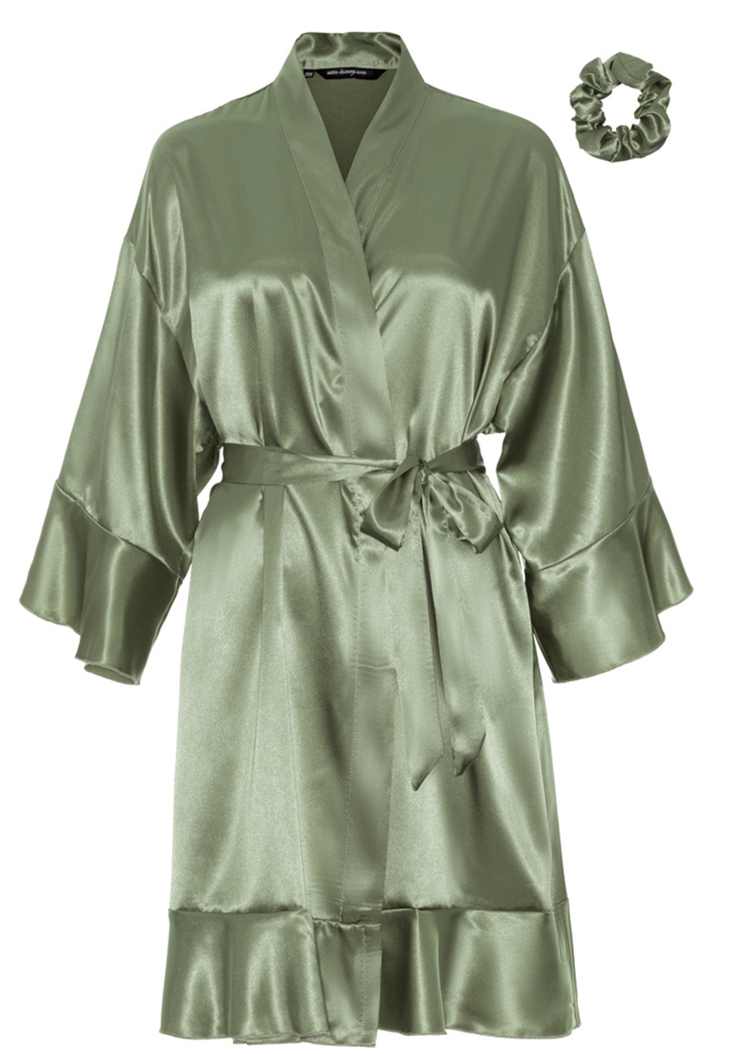 Satin-Luxury badjas satijn kort met ruffles - pastel groen afbeelding