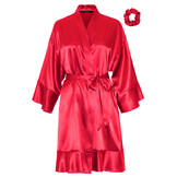 badjas satijn kort met ruffles - wijnrood