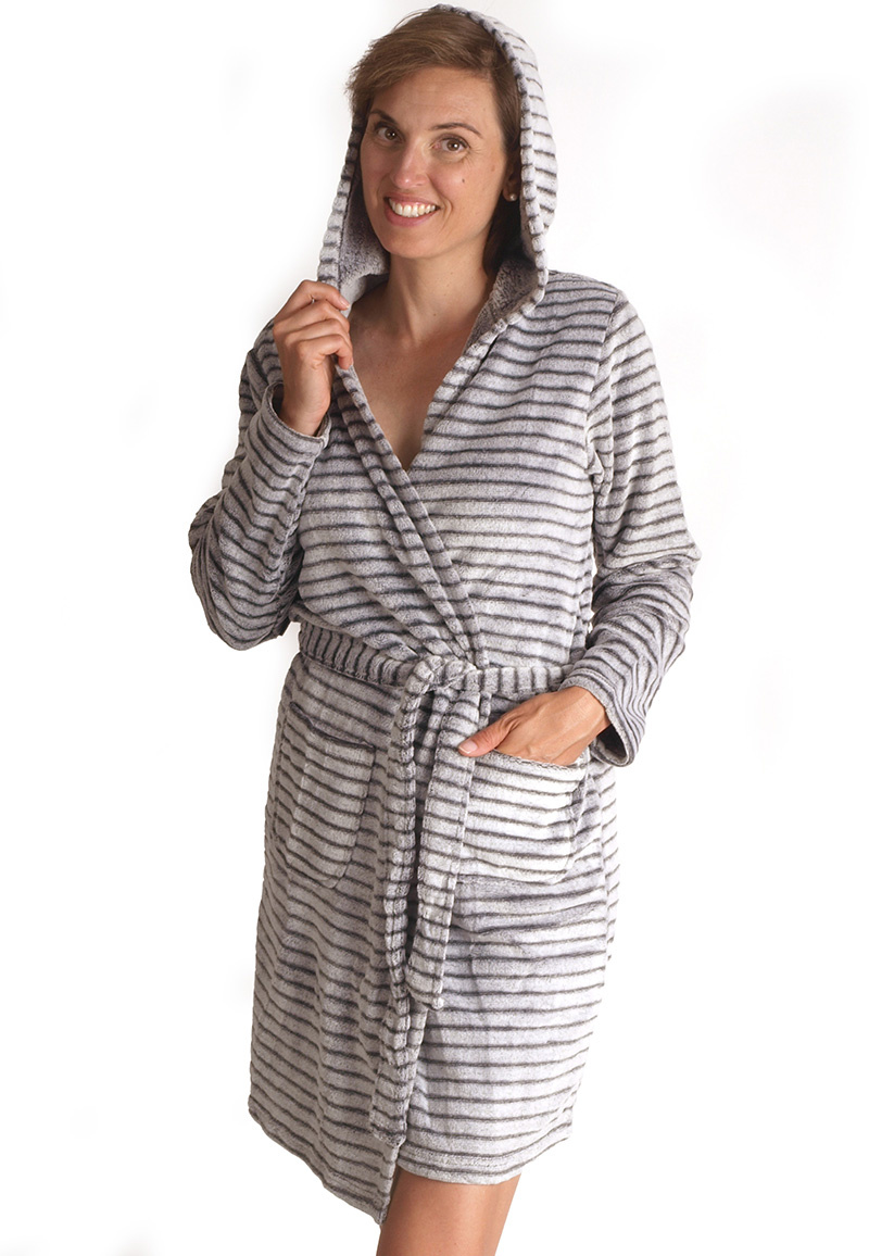 Zachte fleecebadjas streepmotief- met capuchon afbeelding