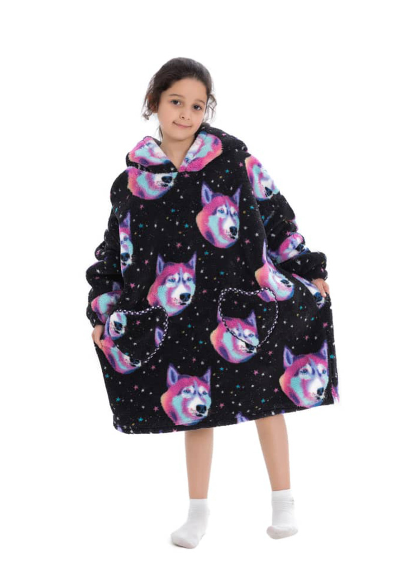 Kinder fleece deken met capuchon - wolven