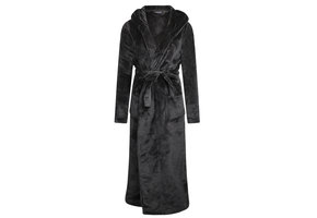 Charlie Choe zwarte/donkergrijze fleece dames badjas met capuchon - lang model