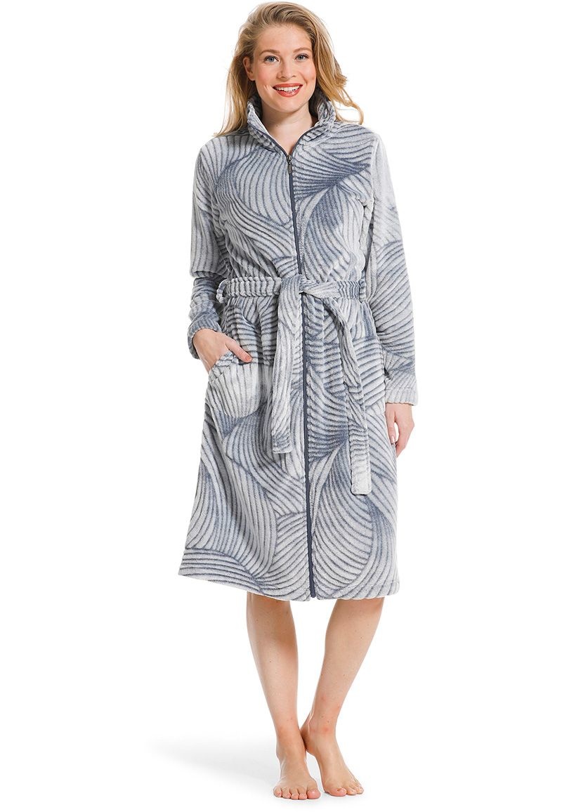 Luxe rits badjas dames bladmotief - fleece