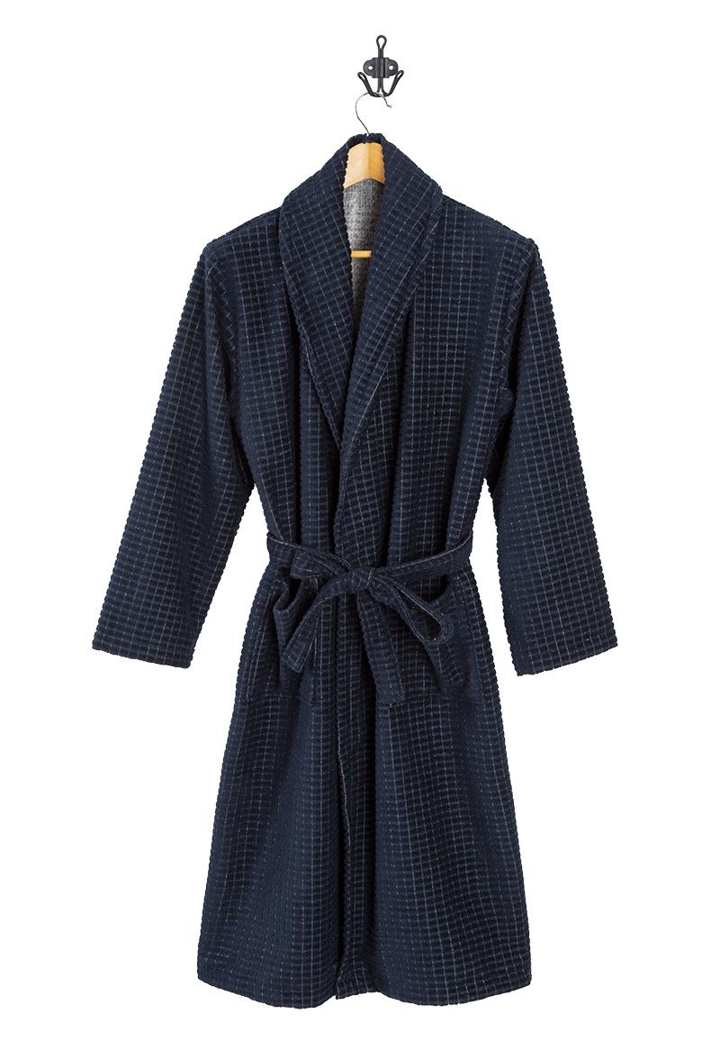 Zachte microvezel herenbadjas blauw - ruitrelief afbeelding