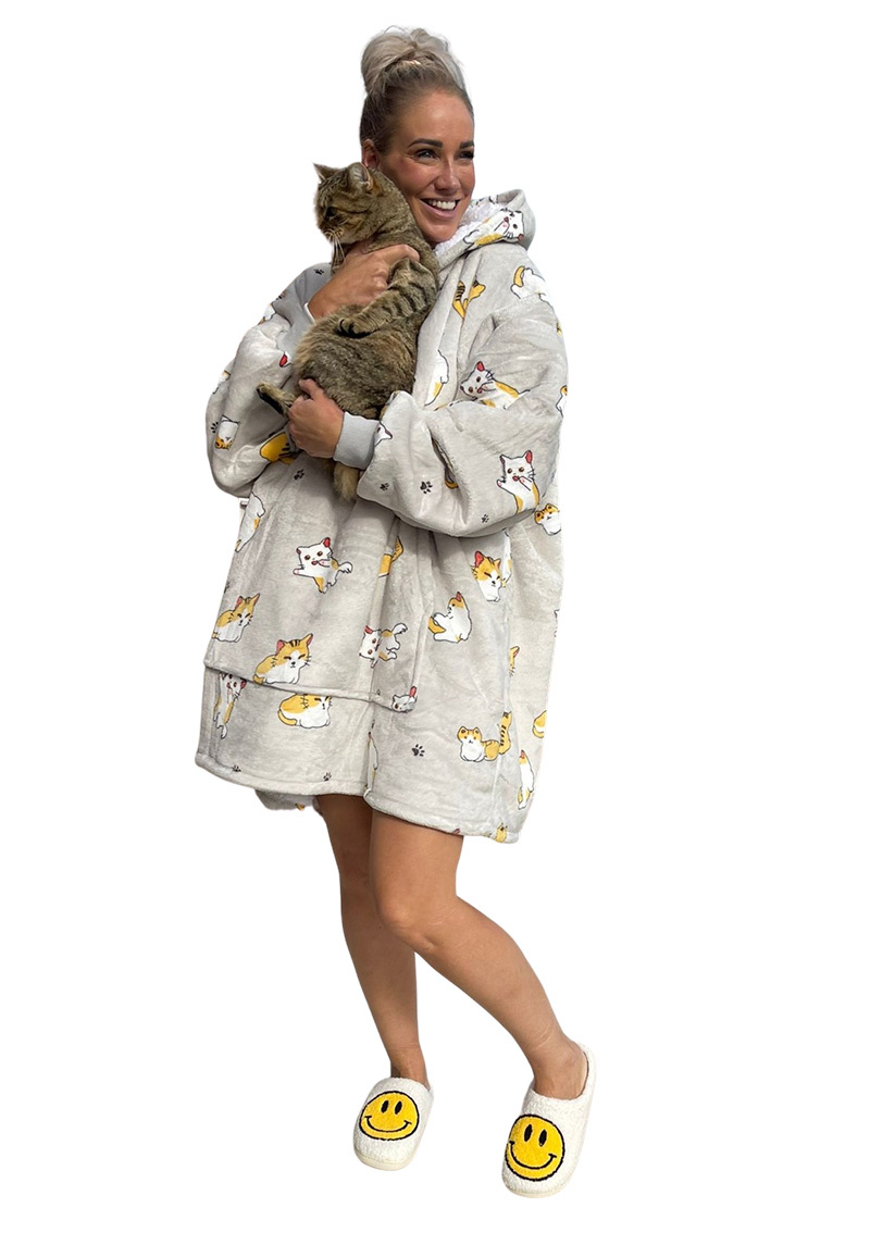 Luxe snuggie deken met capuchon - katjes
