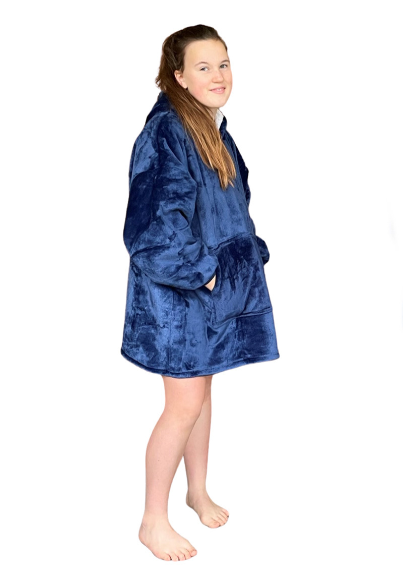 Luxe snuggie deken kind met capuchon - blauw