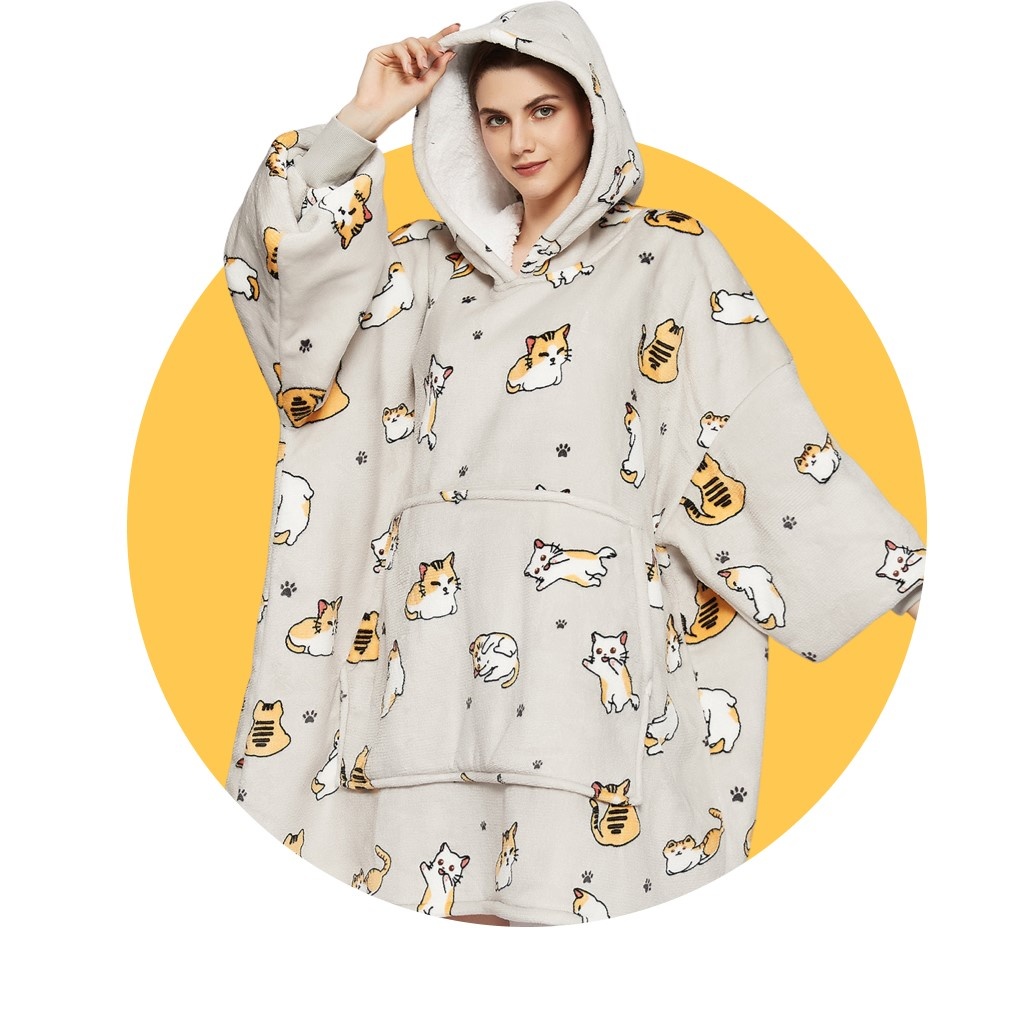 Luxe snuggie deken met capuchon - katjes