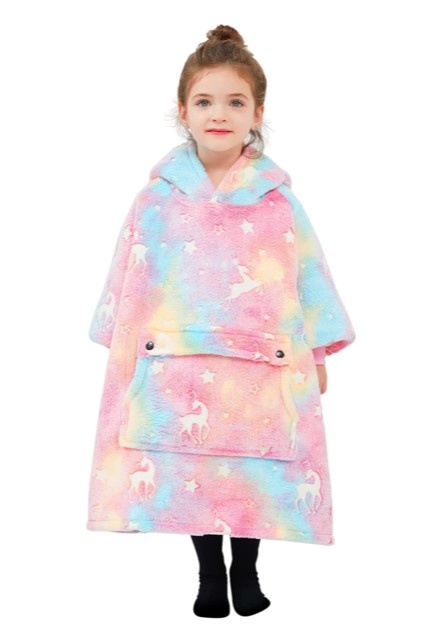 Luxe snuggie deken kind met capuchon - unicorn - Glow in the dark