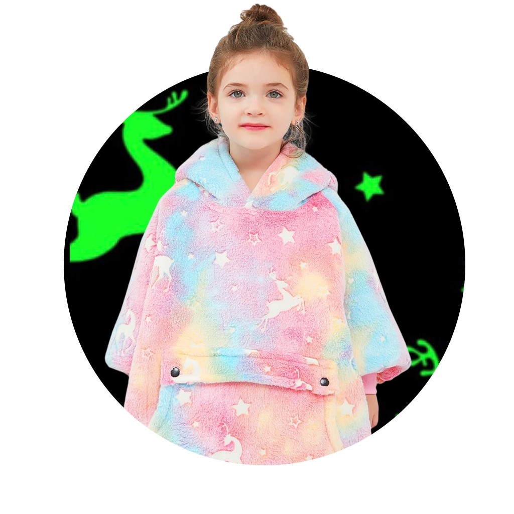 Luxe snuggie deken kind met capuchon - unicorn - Glow in the dark