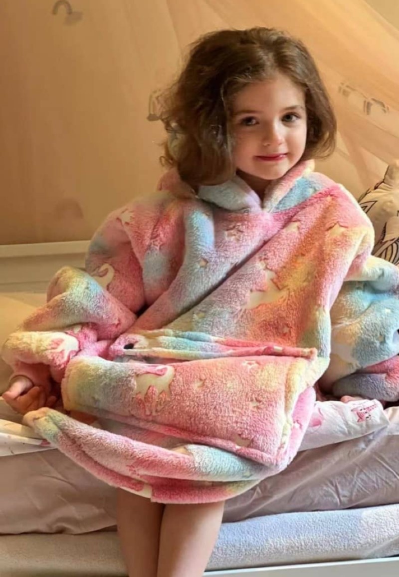 Luxe snuggie deken kind met capuchon - unicorn - Glow in the dark