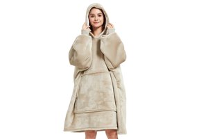 Luxe fleece deken met capuchon -  zandkleur