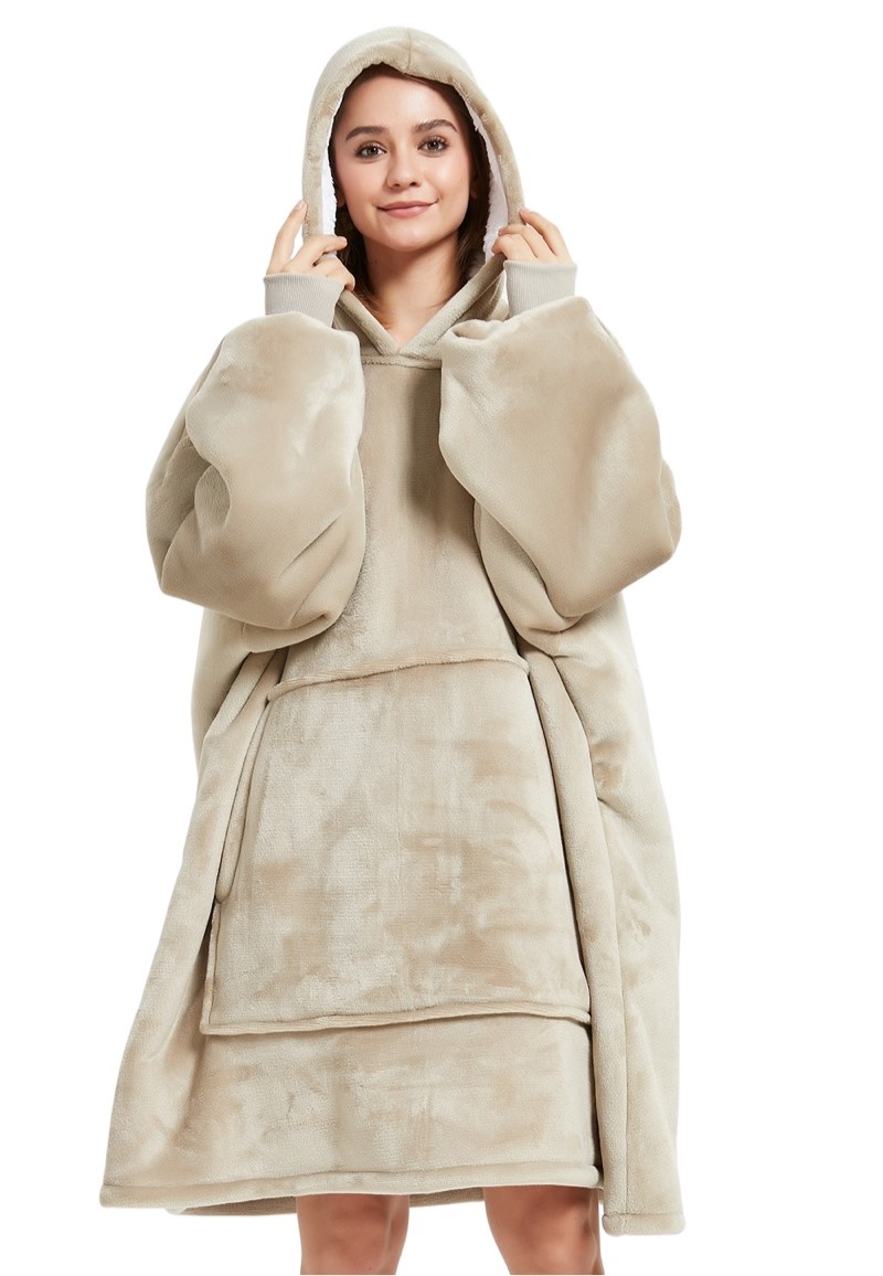 Luxe snuggie deken met capuchon - zandkleur