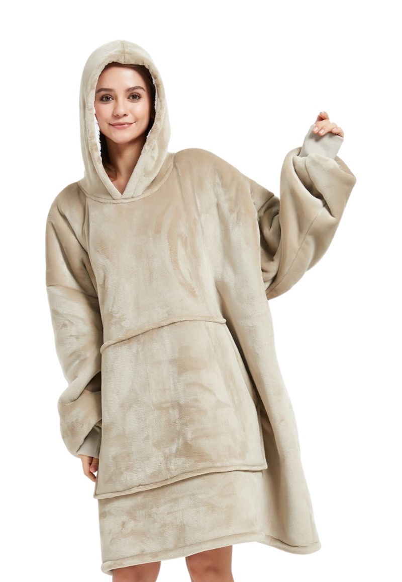 Luxe snuggie deken met capuchon - zandkleur