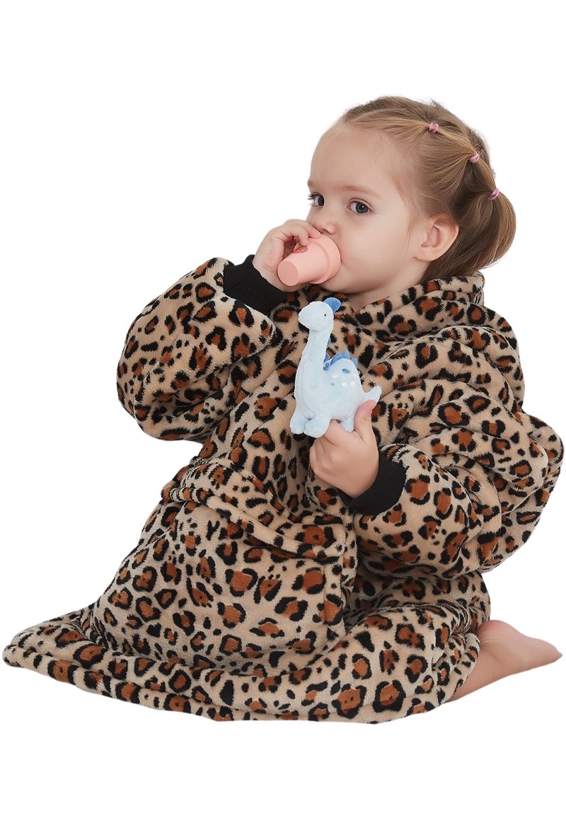 Fleece deken met mouwen & capuchon - kind - leopard