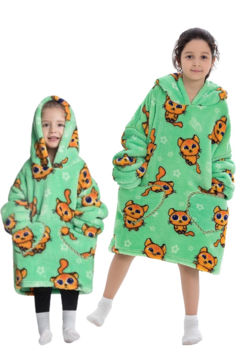 Kinder fleece deken met capuchon - katten afbeelding