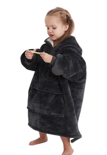 Luxe snuggie deken kind met capuchon - zwart